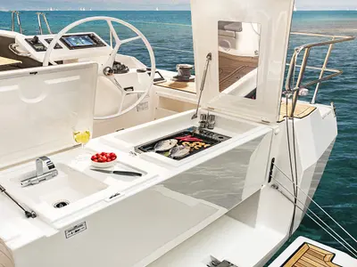 Cockpit of Red Horizon, a Bavaria C45 sailboat at Palermo, Italy