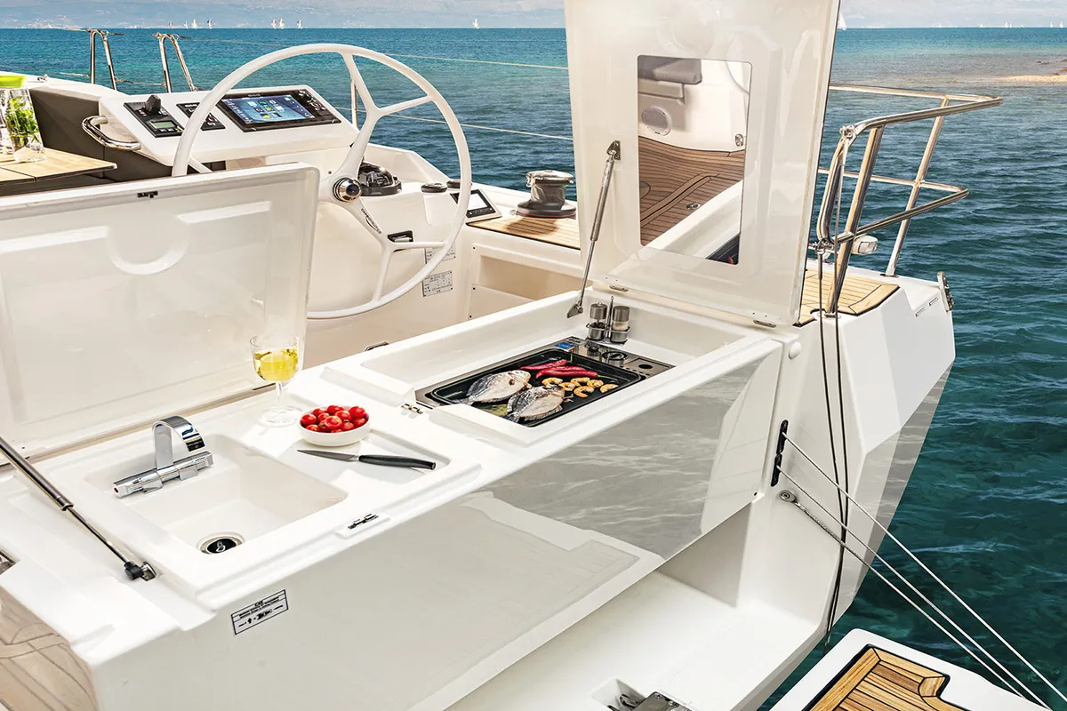 Cockpit of Red Horizon, a Bavaria C45 sailboat at Palermo, Italy