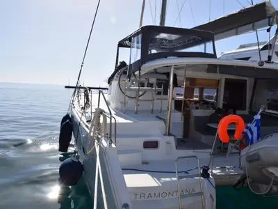 Exterior view of Tramontana, a Lagoon 400 catamaran at Municipal Unit of Nea Peramos, Greece