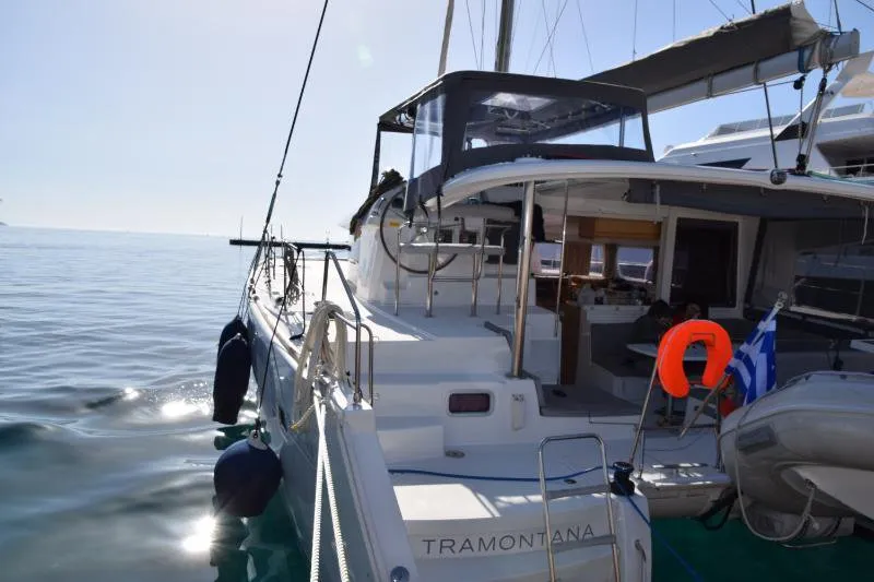 Exterior view of Tramontana, a Lagoon 400 catamaran at Municipal Unit of Nea Peramos, Greece