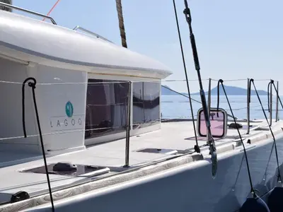 Exterior view of Tramontana, a Lagoon 400 catamaran at Nea Peramos, Greece