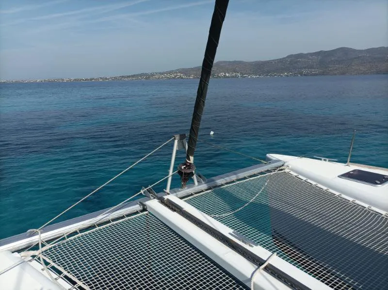 Deck of Tramontana, a Lagoon 400 catamaran at Municipal Unit of Nea Peramos, Greece