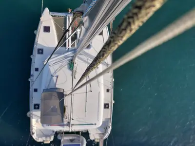 Deck of Tramontana, a Lagoon 400 catamaran at Municipal Unit of Nea Peramos, Greece
