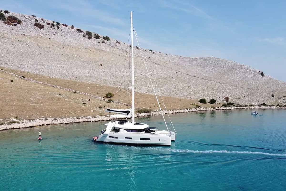 Exterior view of Tri-Wing, a Lagoon 55 catamaran at Grad Kaštela, Croatia