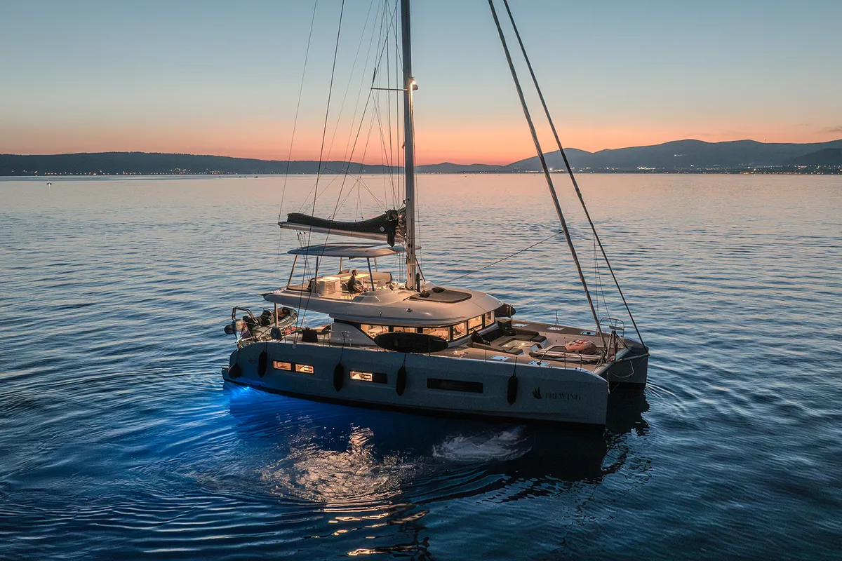 Exterior view of Tri-Wing, a Lagoon 55 catamaran at Grad Kaštela, Croatia