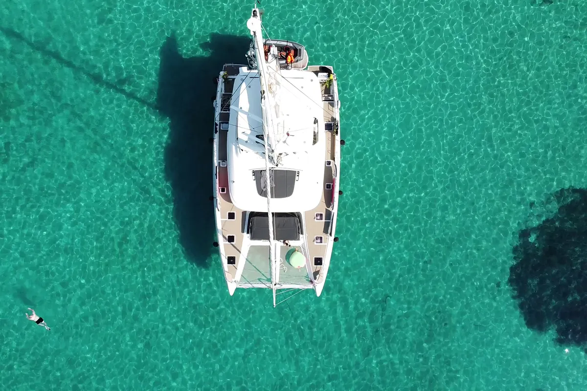 Exterior view of Tri-Wing, a Lagoon 55 catamaran at Grad Kaštela, Croatia