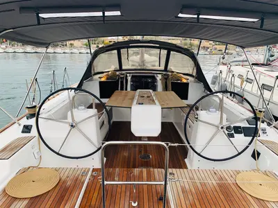 Cockpit of Salted Caramel, a Dufour 460 GL sailboat at Lavrion, Greece