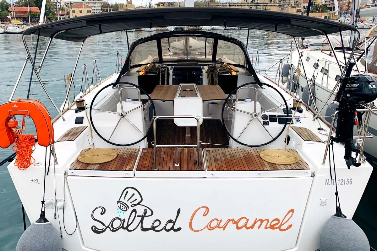 Exterior view of Salted Caramel, a Dufour 460 GL sailboat at Lavrion, Greece