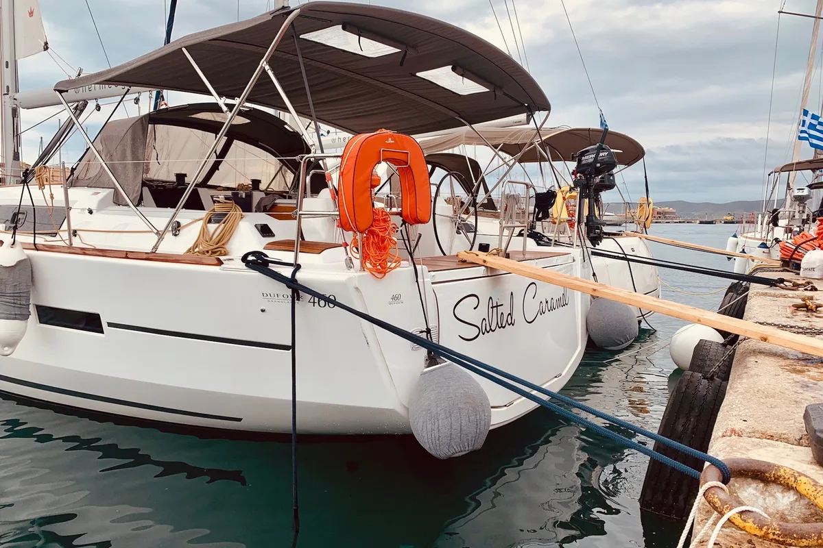 Exterior view of Salted Caramel, a Dufour 460 GL sailboat at Lavrion, Greece