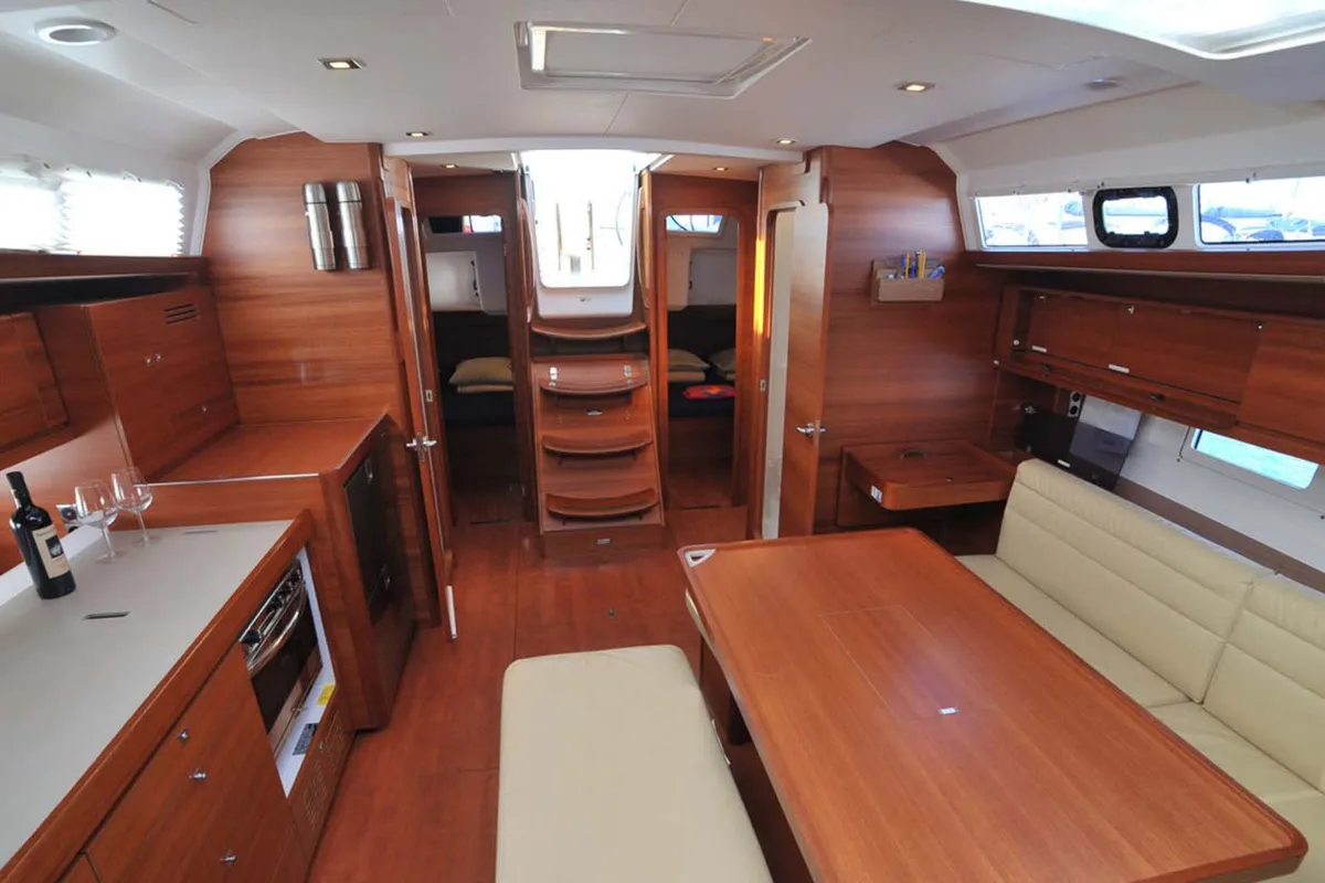 Salon of Salted Caramel, a Dufour 460 GL sailboat at Lavrion, Greece