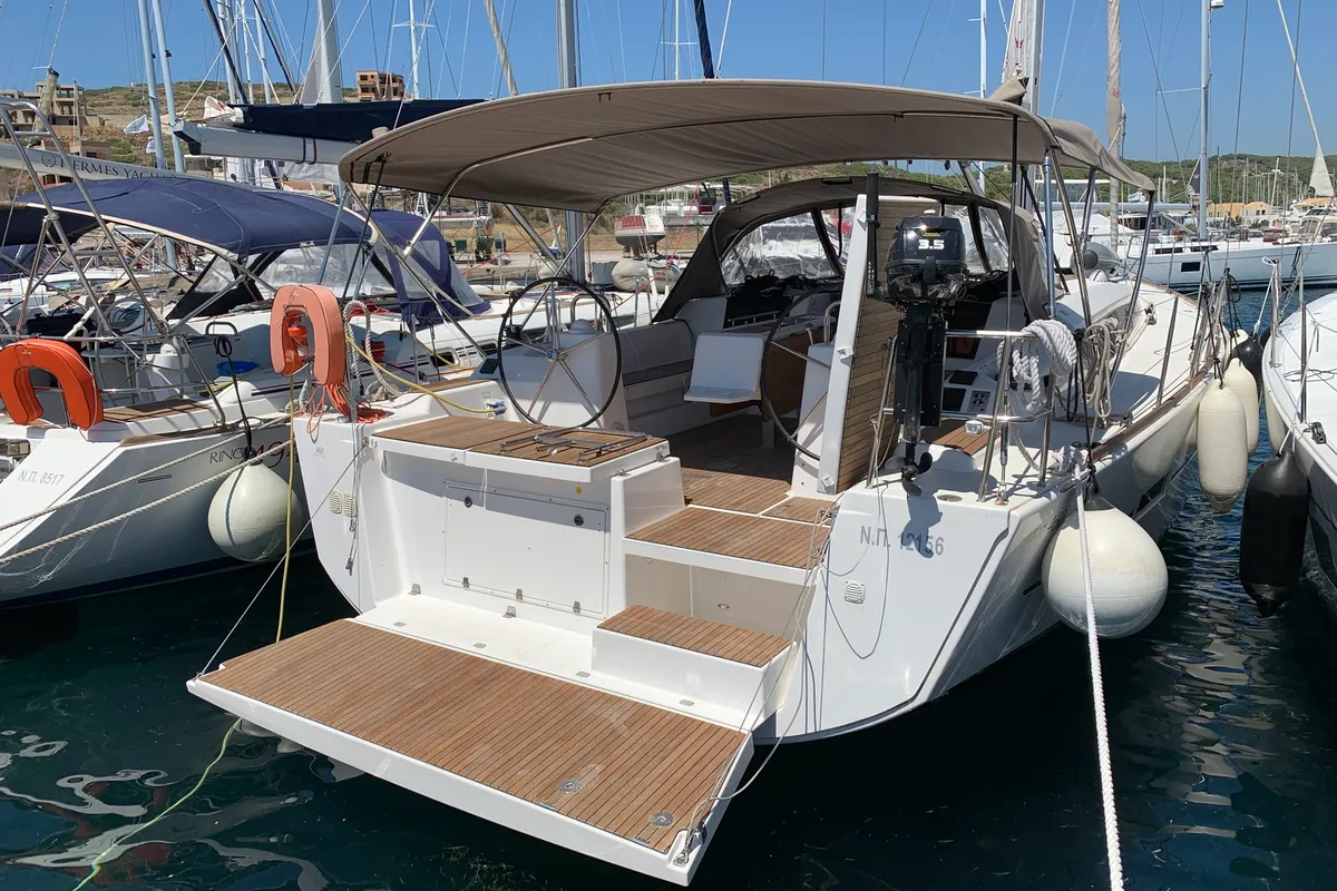 Exterior view of Salted Caramel, a Dufour 460 GL sailboat at Lavrion, Greece