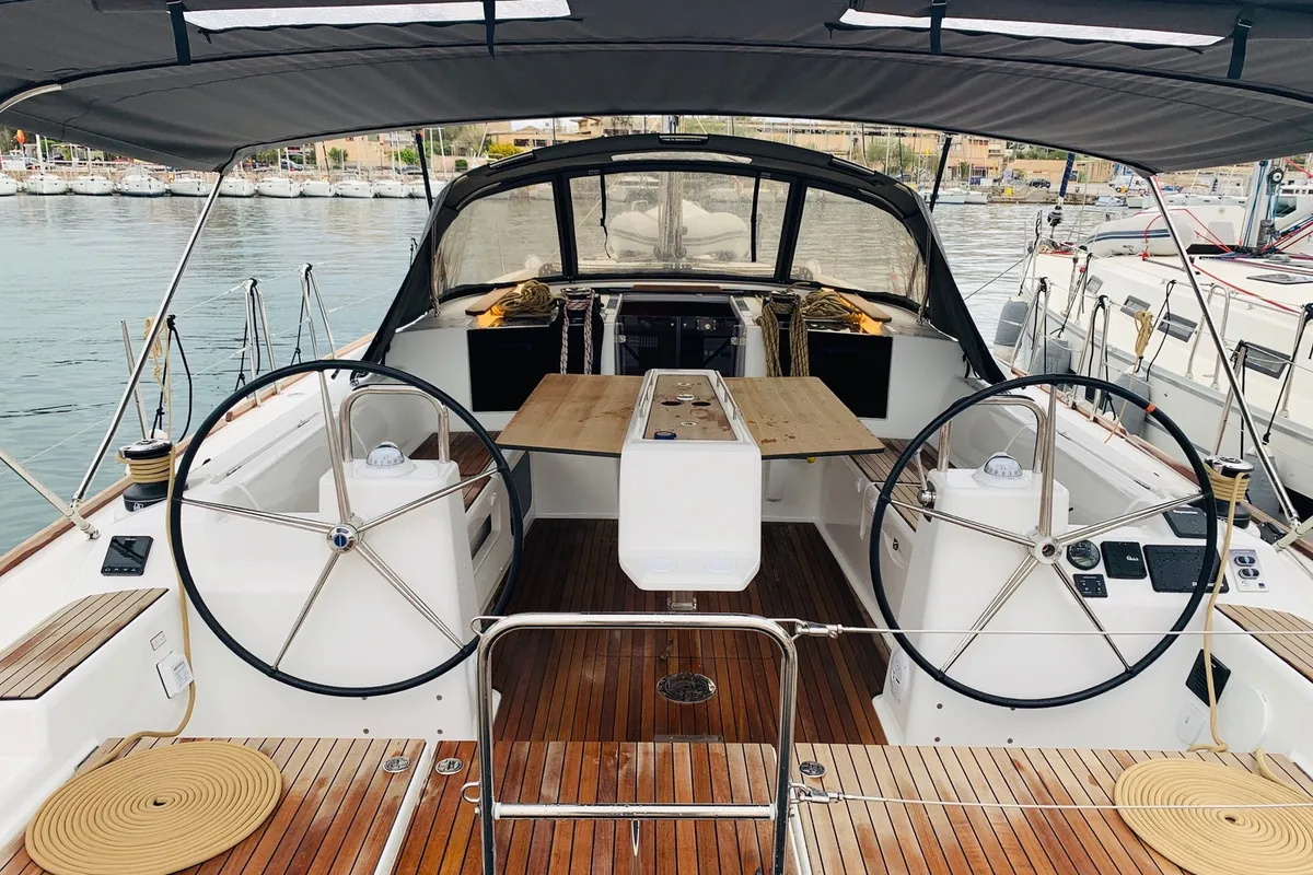 Cockpit of Salted Caramel, a Dufour 460 GL sailboat at Lavrion, Greece
