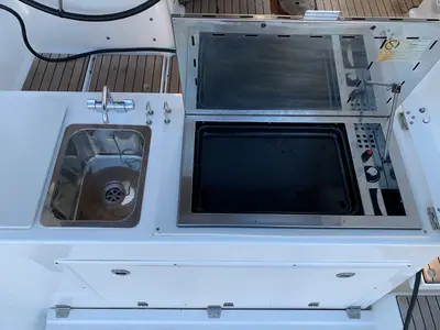 Deck of Salted Caramel, a Dufour 460 GL sailboat at Lavrion, Greece