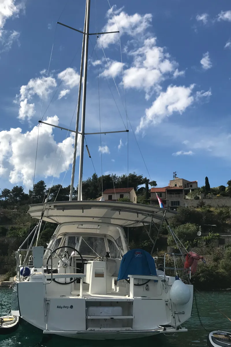 Exterior view of Baby Dory, a Beneteau Oceanis 38.1 sailboat at Baška Voda, Croatia