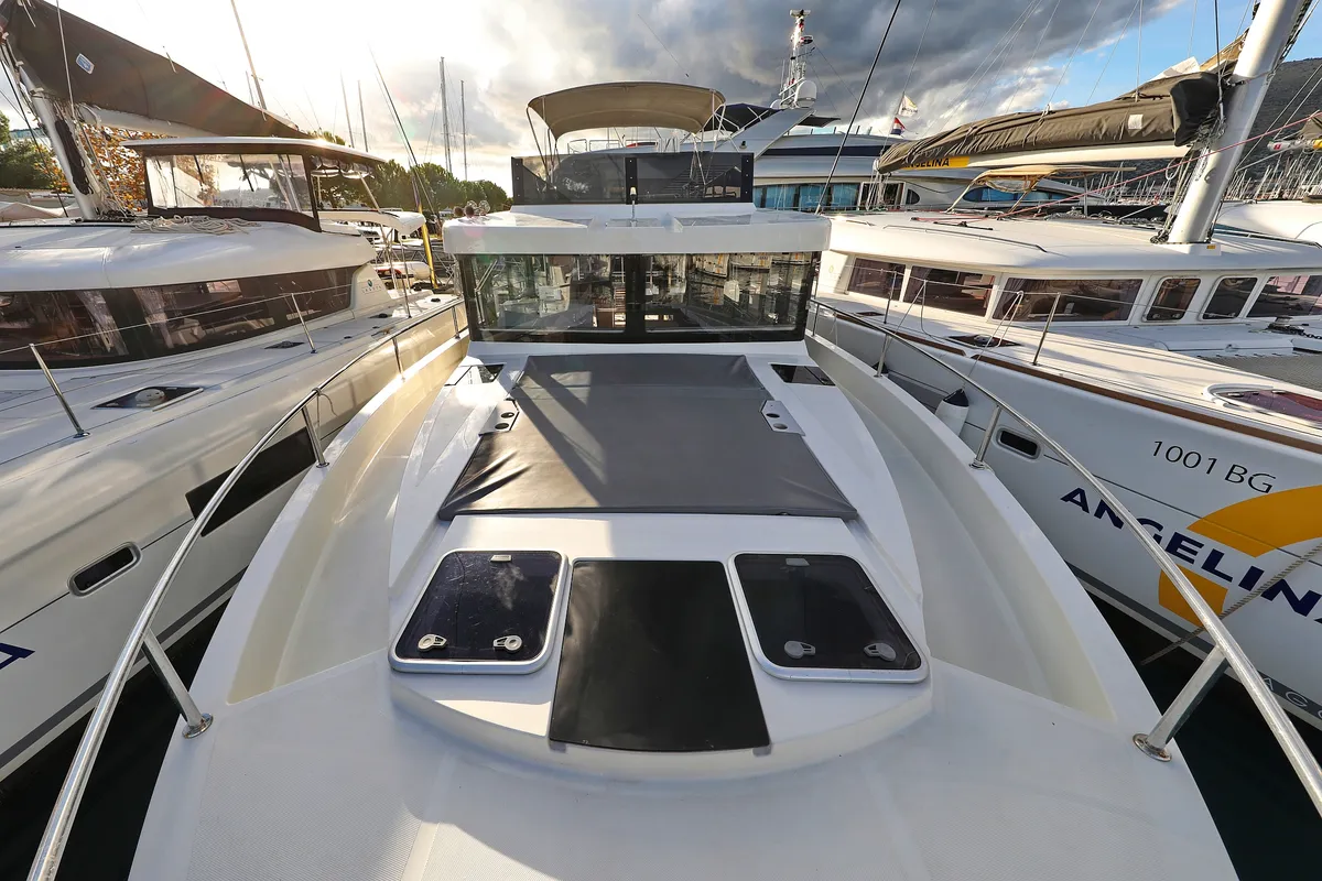 Deck of Fortuna, a Cobra Yachts Seamaster 45 motor yacht at Grad Trogir, Croatia