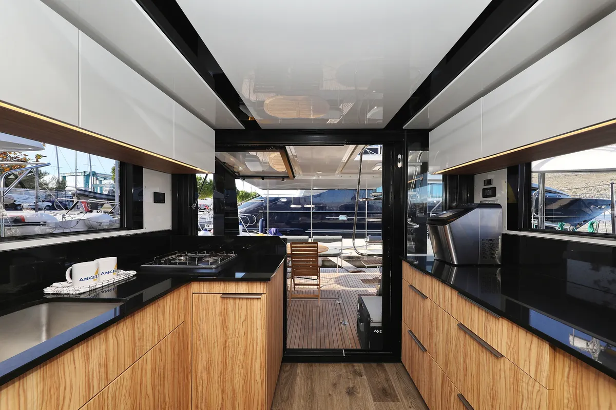 Galley of Fortuna, a Cobra Yachts Seamaster 45 motor yacht at Grad Trogir, Croatia
