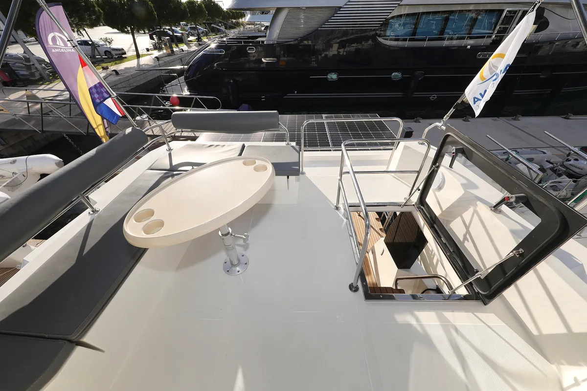 Deck of Fortuna, a Cobra Yachts Seamaster 45 motor yacht at Grad Trogir, Croatia