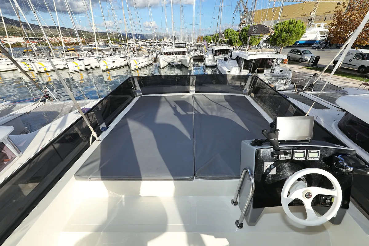Deck of Fortuna, a Cobra Yachts Seamaster 45 motor yacht at Grad Trogir, Croatia