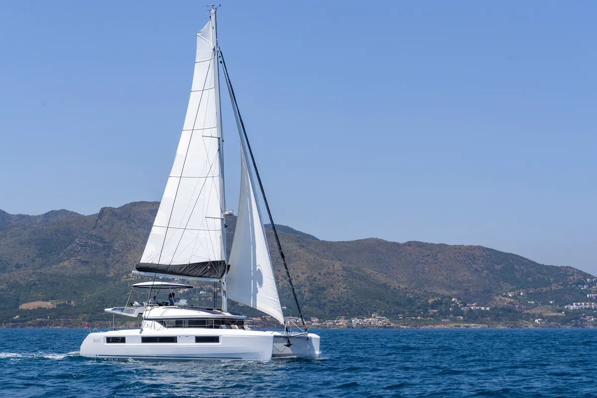 Exterior view of One Feeling, a Lagoon 51 catamaran at Athens, Greece