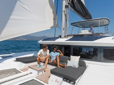 Deck of One Feeling, a Lagoon 51 catamaran at Athens, Greece