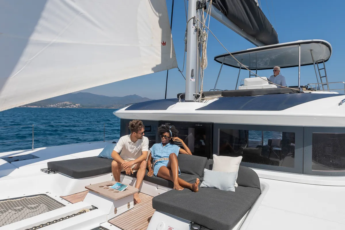 Deck of One Feeling, a Lagoon 51 catamaran at Athens, Greece