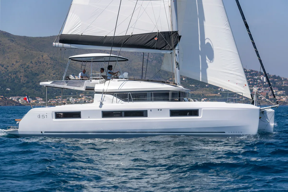 Exterior view of One Feeling, a Lagoon 51 catamaran at Athens, Greece