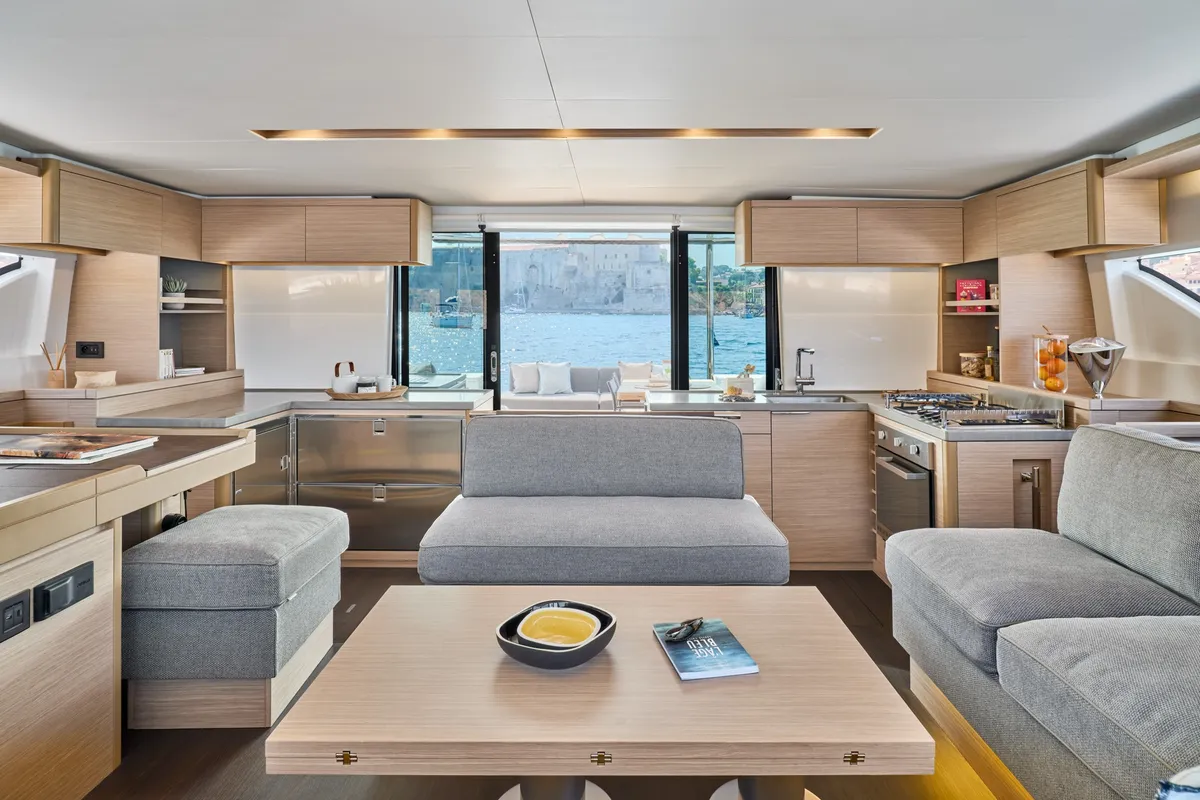 Salon of One Feeling, a Lagoon 51 catamaran at Athens, Greece
