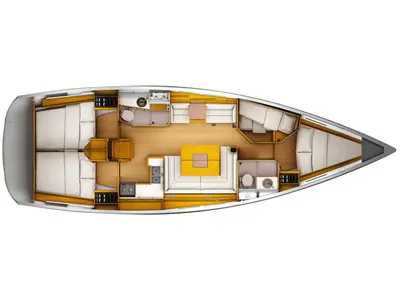 Floor plan of Canne Bleue, a Jeanneau Sun Odyssey 449 sailboat at Rhodes, Greece
