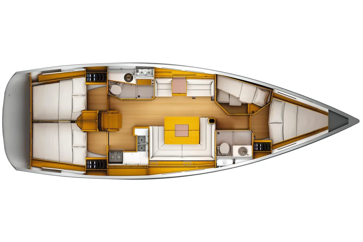 Floor plan of Canne Bleue, a Jeanneau Sun Odyssey 449 sailboat at Rhodes, Greece