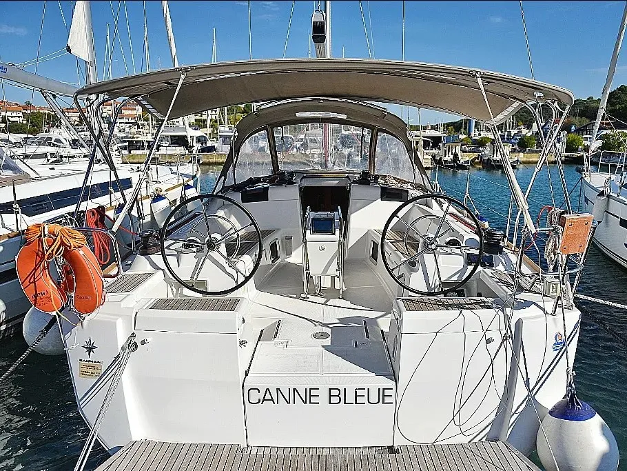Cockpit of Canne Bleue, a Jeanneau Sun Odyssey 449 sailboat at Rhodes, Greece