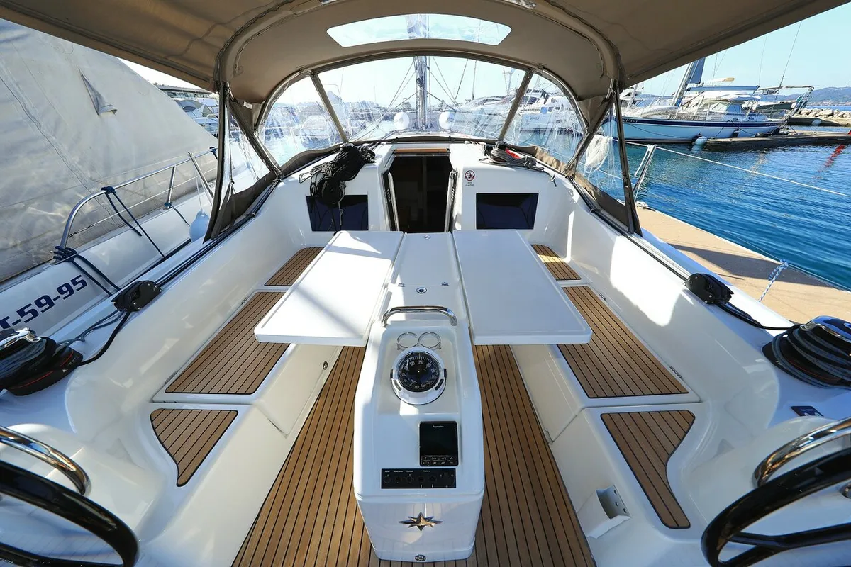 Cockpit of Vague, a Jeanneau Sun Odyssey 410 sailboat at Zadar, Croatia
