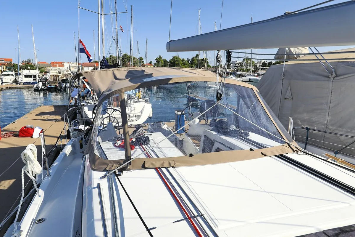 Exterior view of Vague, a Jeanneau Sun Odyssey 410 sailboat at Zadar, Croatia