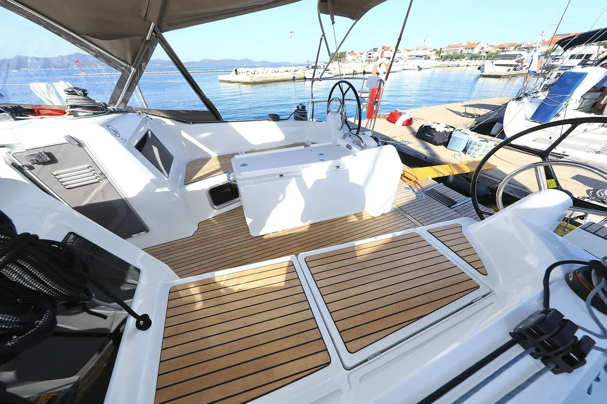 Cockpit of Vague, a Jeanneau Sun Odyssey 410 sailboat at Zadar, Croatia