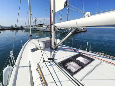Deck of Vague, a Jeanneau Sun Odyssey 410 sailboat at Zadar, Croatia
