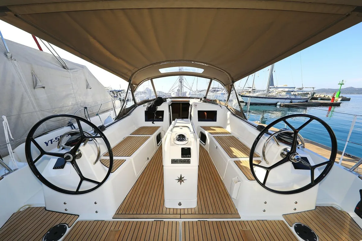 Cockpit of Vague, a Jeanneau Sun Odyssey 410 sailboat at Zadar, Croatia
