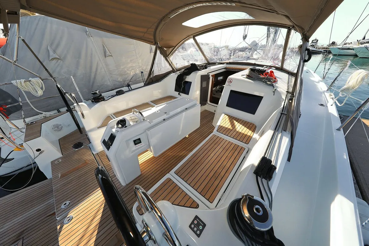 Cockpit of Vague, a Jeanneau Sun Odyssey 410 sailboat at Zadar, Croatia