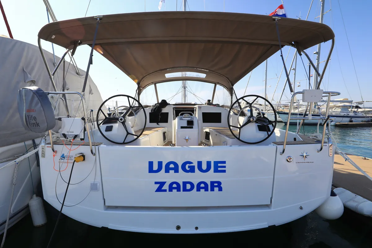 Deck of Vague, a Jeanneau Sun Odyssey 410 sailboat at Zadar, Croatia