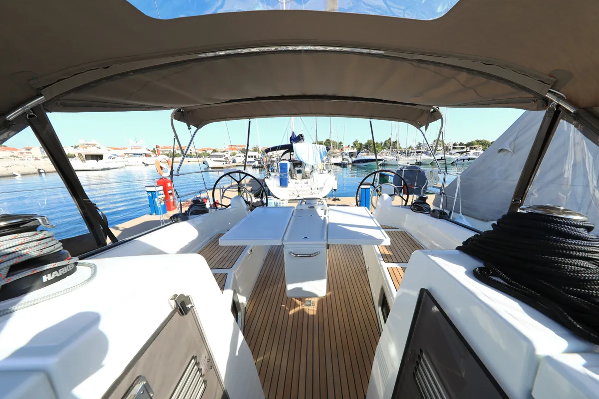 Cockpit of Vague, a Jeanneau Sun Odyssey 410 sailboat at Zadar, Croatia