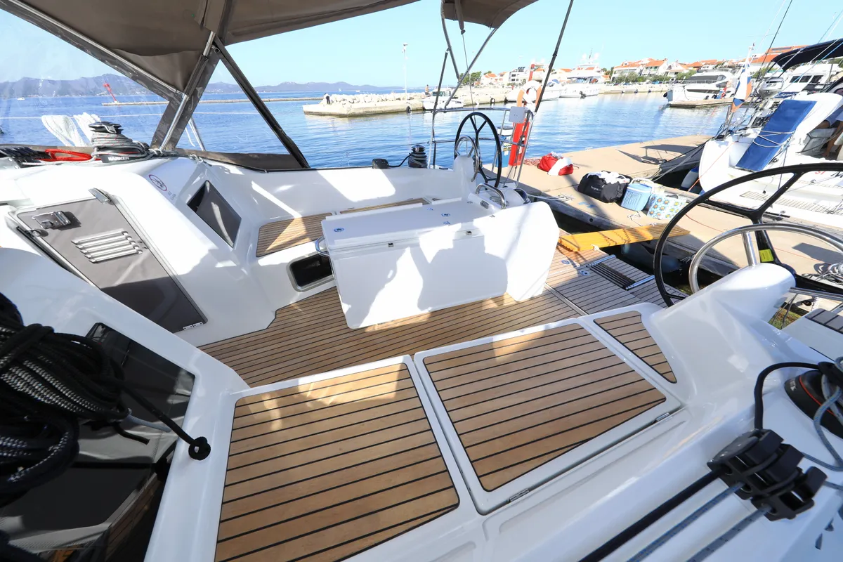 Cockpit of Vague, a Jeanneau Sun Odyssey 410 sailboat at Zadar, Croatia