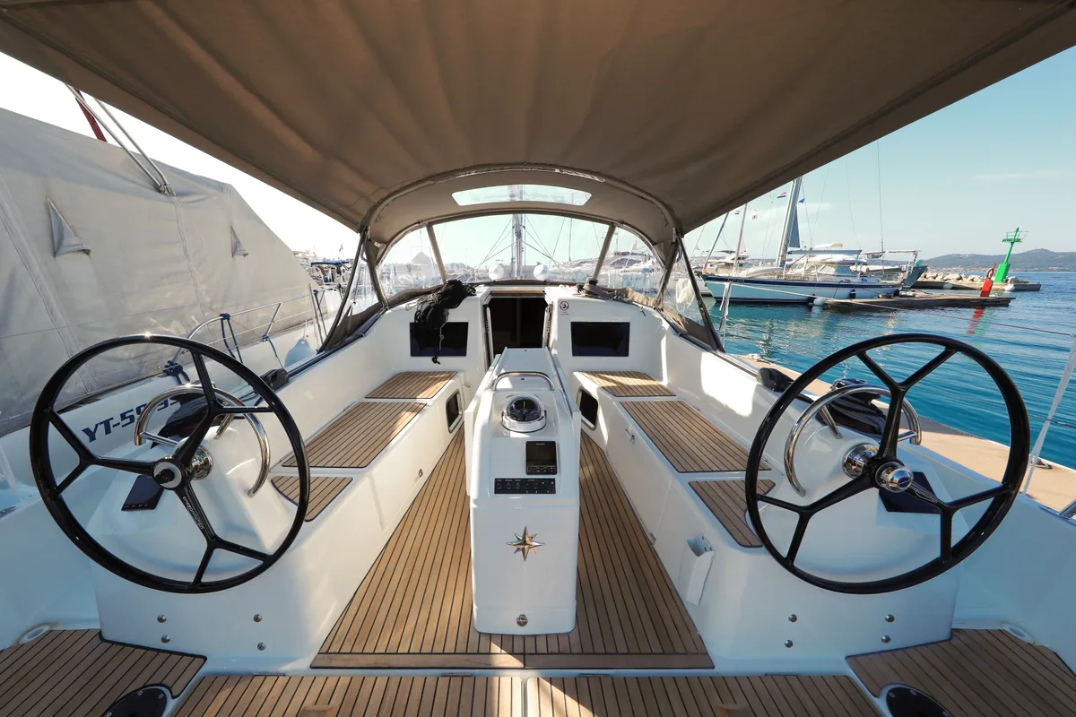 Cockpit of Vague, a Jeanneau Sun Odyssey 410 sailboat at Zadar, Croatia