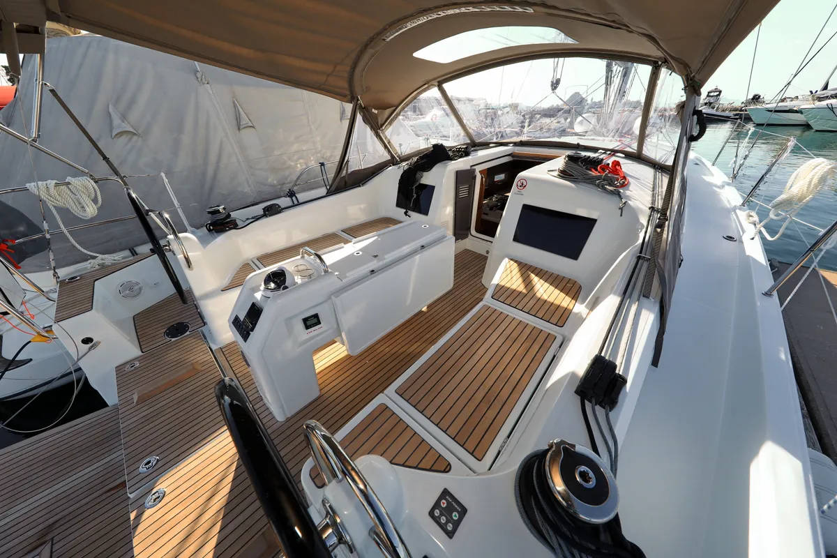 Cockpit of Vague, a Jeanneau Sun Odyssey 410 sailboat at Zadar, Croatia