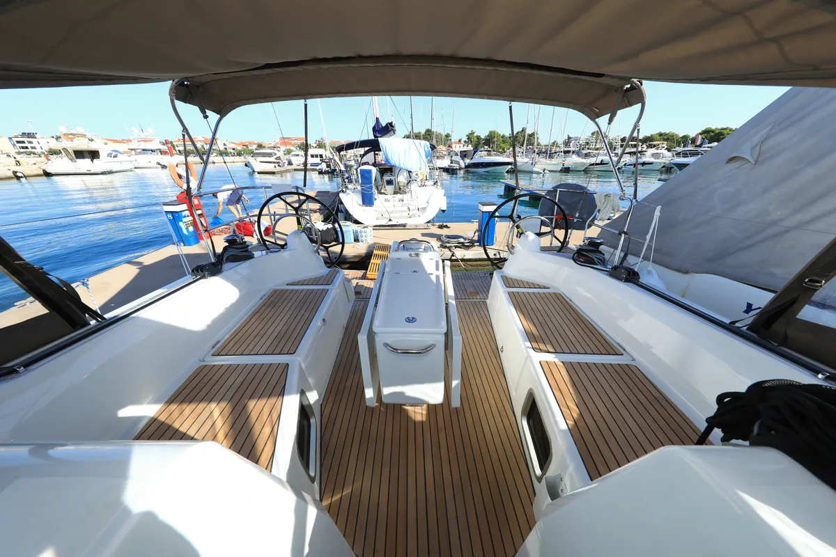 Cockpit of Vague, a Jeanneau Sun Odyssey 410 sailboat at Zadar, Croatia