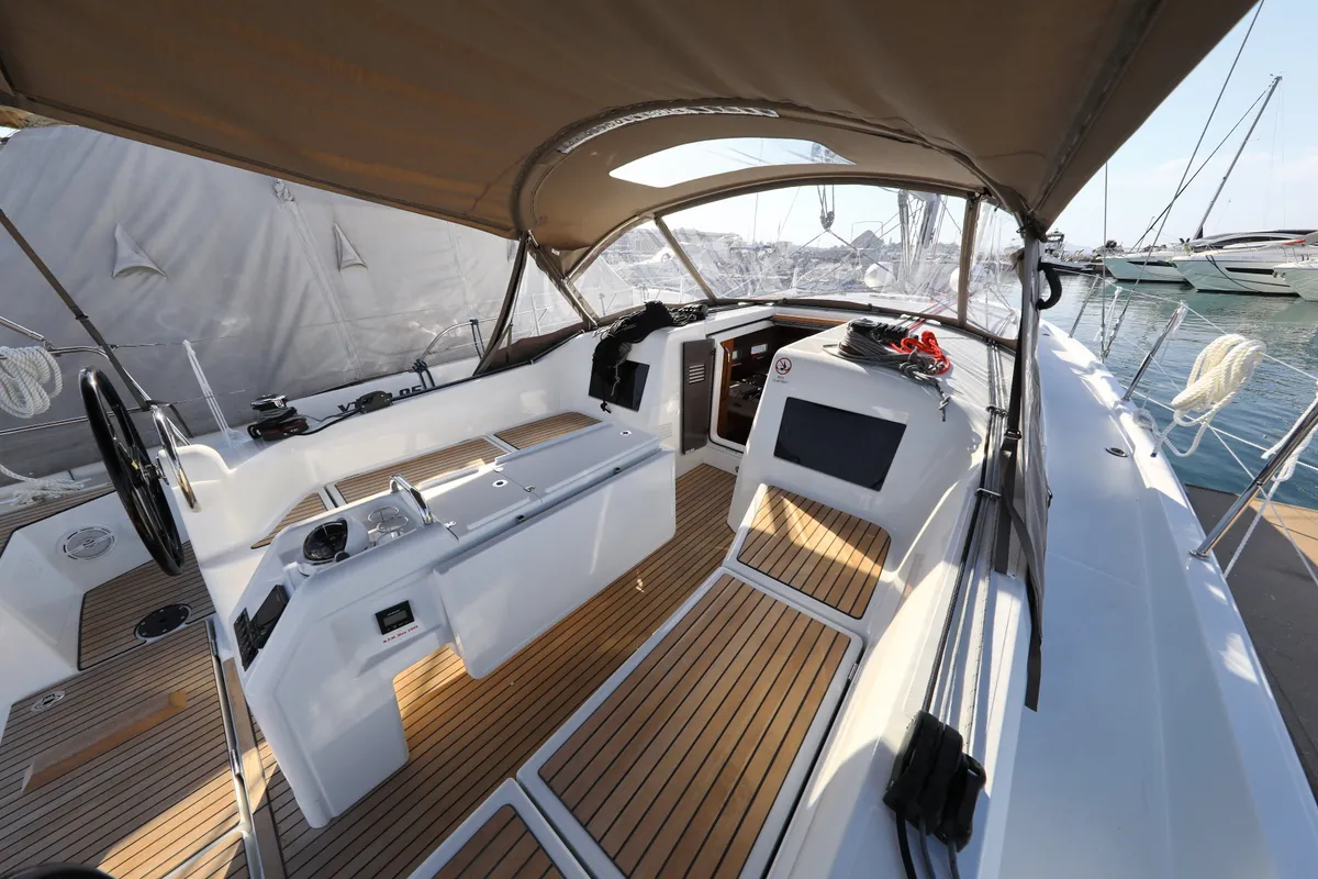 Cockpit of Vague, a Jeanneau Sun Odyssey 410 sailboat at Zadar, Croatia