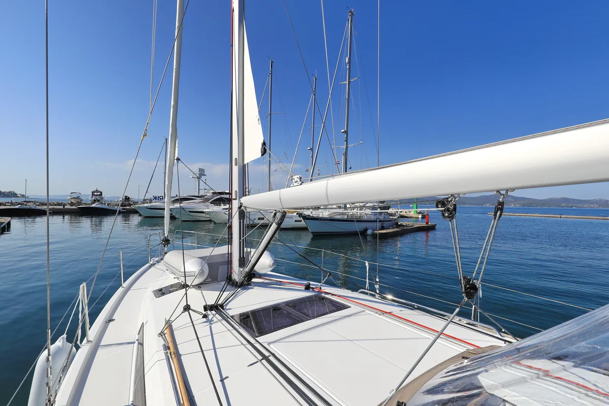 Head on Vague, a Jeanneau Sun Odyssey 410 sailboat at Zadar, Croatia