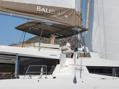 Deck of Libra, a Bali 5.4 catamaran at Athens, Greece