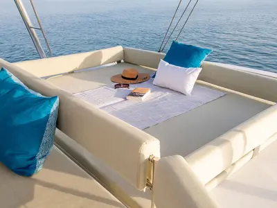 Salon of Libra, a Bali 5.4 catamaran at Athens, Greece
