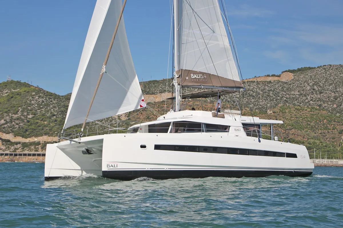 Exterior view of Libra, a Bali 5.4 catamaran at Athens, Greece