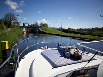 Deck of Gaia, a Gulet Tarpon 37 DP motorboat at Lübz, Germany