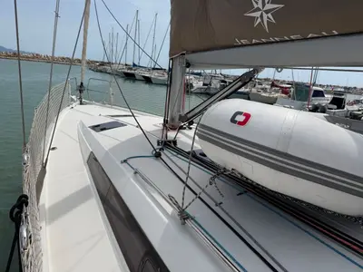 Deck of Borgeri, a Jeanneau Sun Odyssey 410 sailboat at Cecina, Italy