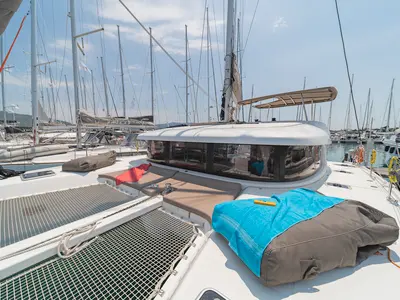 Deck of Pulsar, a Lagoon 42 catamaran at Municipal Unit of Lefkada, Greece